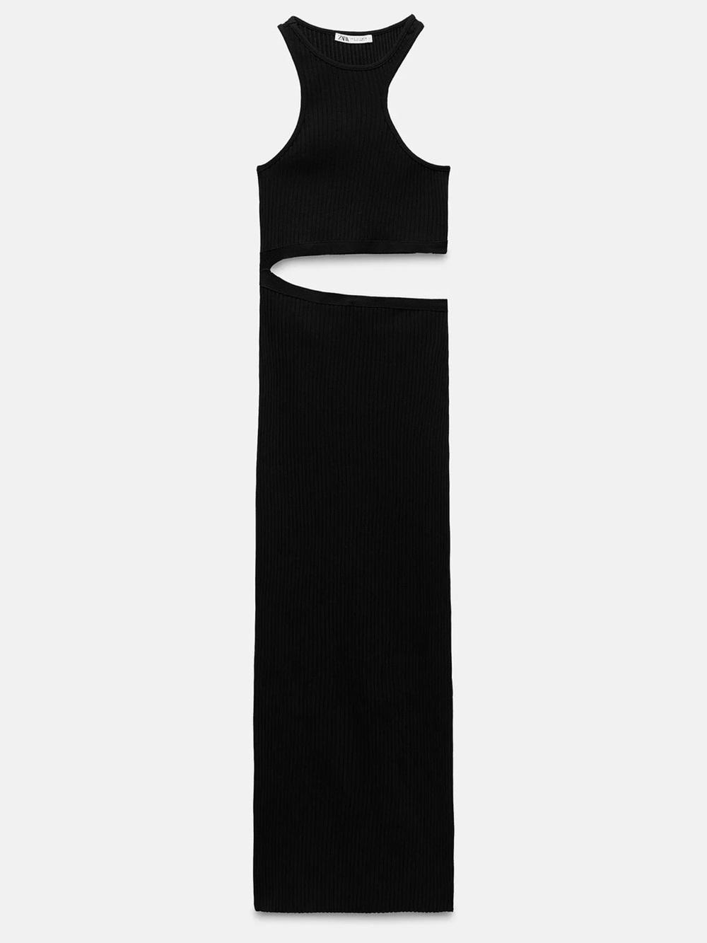 Zara Black Ribbed Midi Dress with Midriff Cutout